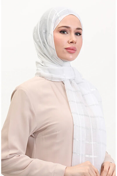 sefamerve Simli Keten Şal 2072-05 Beyaz