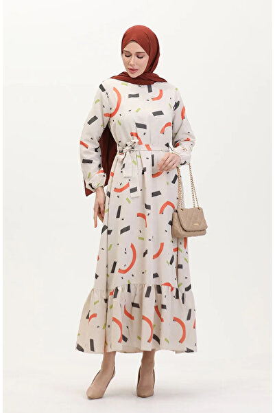 sefamerve Λινό φόρεμα με σχέδιο Plus Size 91817-03 Κρεμ Πλακάκι