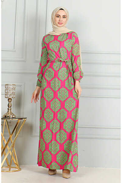 sefamerve Φούξια Πράσινο Φόρεμα Βισκόζης - Με Σχέδιο και Ζώνη 0493-02