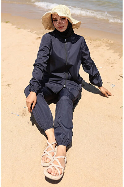 sefamerve Plážové hidžábové plavky s čiapkou a zipsom 9003-02 Tmavomodré