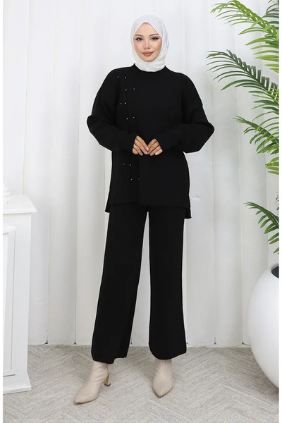 sefamerve Knitwear Stone Detailed Sweater Trousers Two Piece Set 0014-07 Black