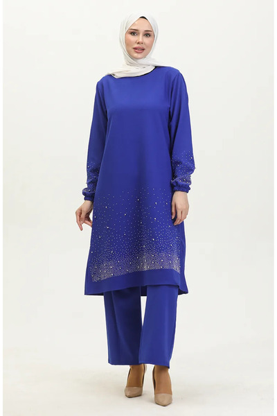 sefamerve Taş Baskılı Araboy Abiye Tunik Pantolon İkili Takım 0409-03 Saks