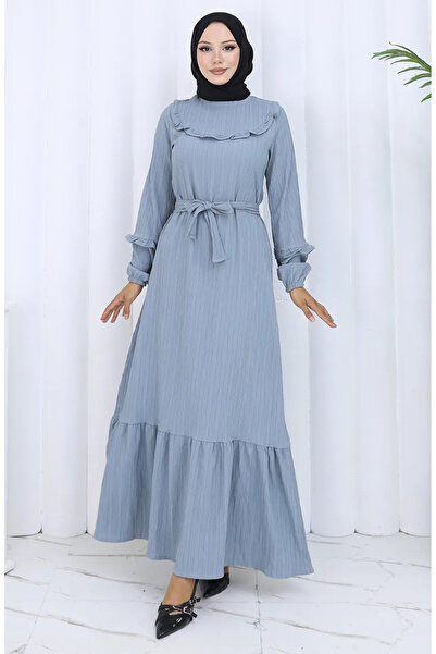 sefamerve Rochie cu guler cu volane și curea 2123-03 Gri