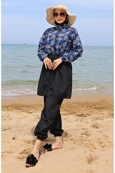 sefamerve Desenli Belden Büzgülü Tesettür Mayo 5044-01 Mavi Siyah