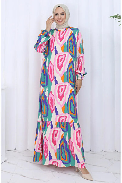 sefamerve Patterned Dress with Elastic Sleeves 2122-02 Green Mink