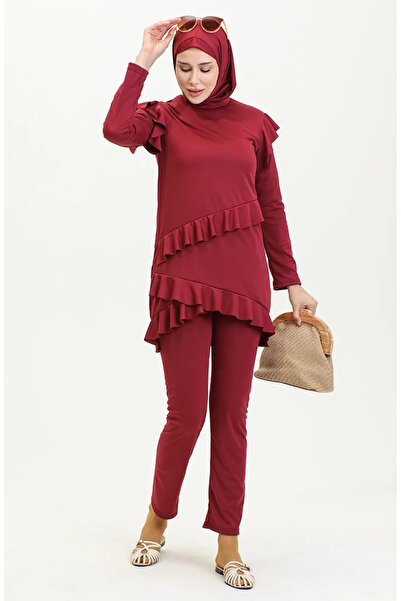 sefamerve Claret Red μακρυμάνικο Hijab μαγιό - Frilly 2208-02