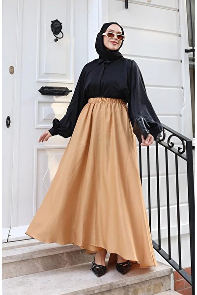 sefamerve Beli Lastikli Rahat Kesim Etek 0227-04 Sütlü kahve