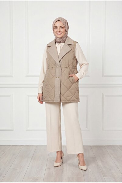 BENAHOLL Esila Baklava Desen Belden Sıkmalı Şişme Yelek-EN2192 Vizon