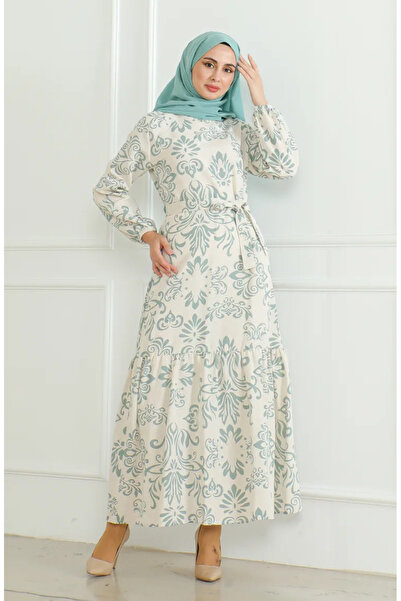 sefamerve Μπεζ λινό φόρεμα - Πράσινο με μοτίβο και φύλλα 0471B-02