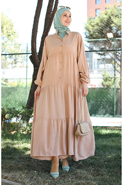 sefamerve Kolu lastikli Düğmeli Elbise 0463-07 Sütlü kahve