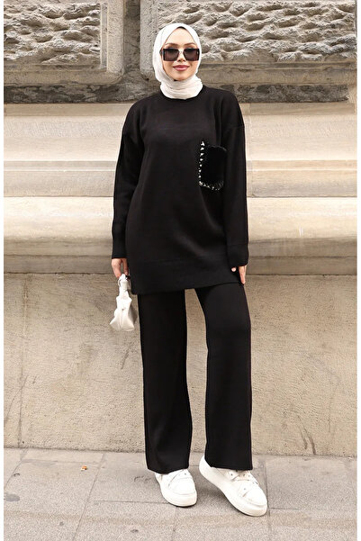 sefamerve طقم بنطلون تونيك بتفاصيل جيب من التريكو مكون من قطعتين 1093-01 أسود