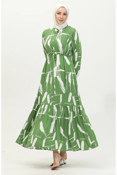 sefamerve Viskon Fırça Desen Büzgülü Elbise 81869-03 Yeşil
