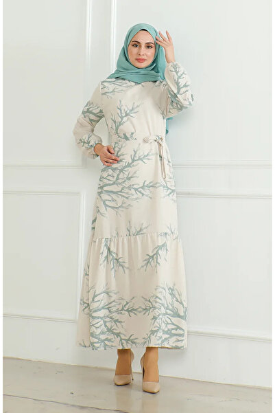 sefamerve Λινό Φόρεμα 0471F-01 - Διακοσμημένο και Ζώνη, Μπεζ Πράσινο