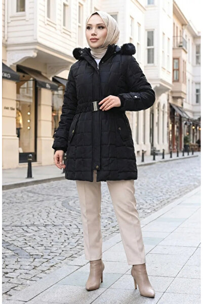 sefamerve معطف كبير الحجم بغطاء رأس بحزام 6345-01 أسود