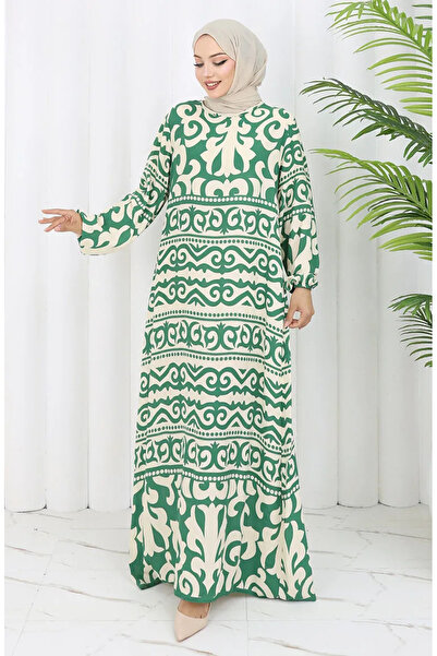 sefamerve Φόρεμα με σχέδιο από ύφασμα βισκόζης 0057-02 Πράσινο Μπεζ