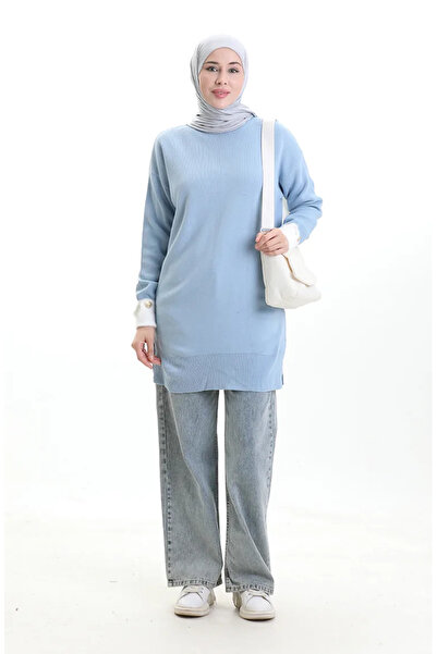 sefamerve Knitwear Sleeve Button Detailed Paneled Tunic 3000-12 Blue