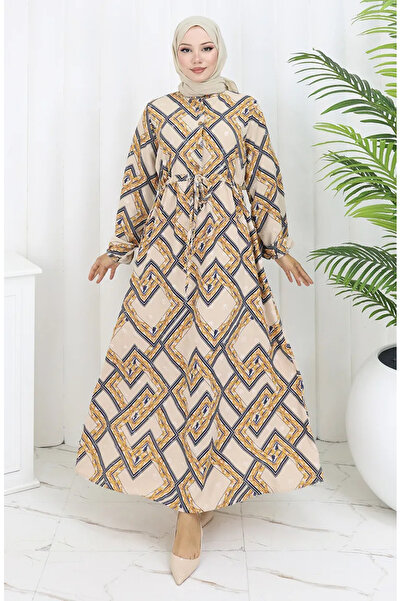 sefamerve Φόρεμα με μοτίβο με μισό κουμπί 0108-01 Μπεζ Navy Blue