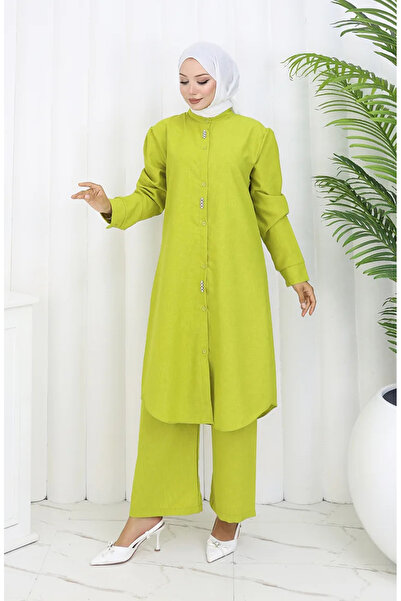 sefamerve طقم مكون من قطعتين بنطلون تونيك مرصع بالأحجار 2090-04 أخضر دهني