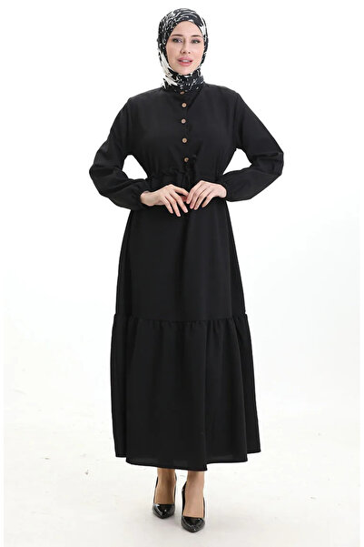 sefamerve Φόρεμα με κορδόνια στη μέση με μισό κουμπί 0182-09 Μαύρο