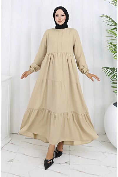 sefamerve Φόρεμα με κορδόνι στη μέση και ελαστικό μανίκι 2149-07 Μπεζ
