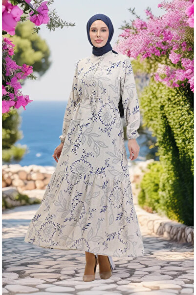 sefamerve فستان كتان بيج ساكس - أزرار أمامية وأربطة 0520C-01