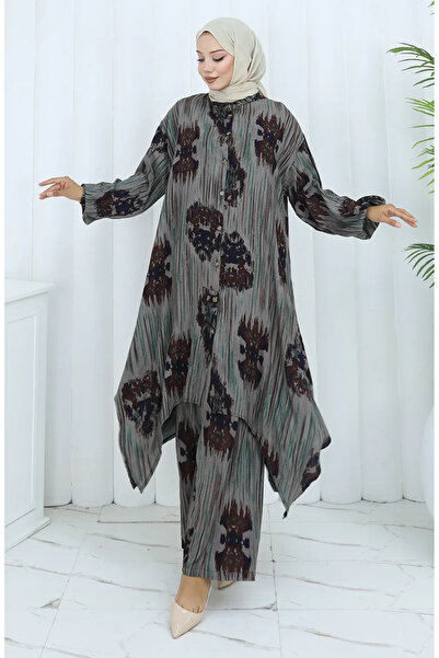 sefamerve Παντελόνι από ύφασμα βισκόζης Τουνίκ Διπλό Σετ 2143-03 Καφέ Πράσινο