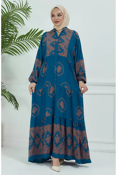 sefamerve فستان منقوش بأكمام بالون بلون البترول 5585-01