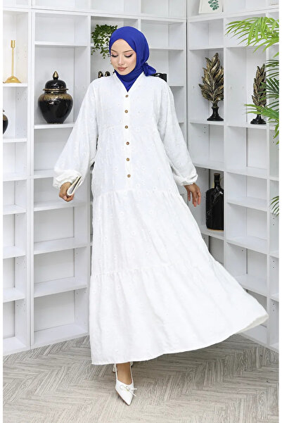 sefamerve Rochie brodata cu jumatate de nasture 0059-05 Ecru