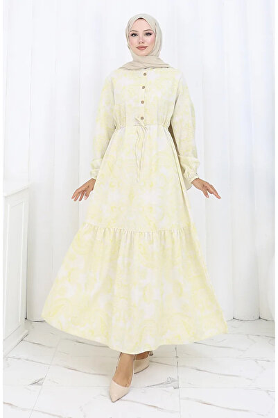 sefamerve Φόρεμα από λινό ύφασμα με κορδόνια στη μέση και κουμπιά 0173D-01 Μπ...