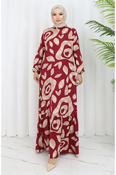 sefamerve Rochie cu model din țesătură viscoză 2041-02 Roșu Claret Mink