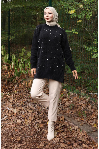 sefamerve Pletená tunika s perličkovými detaily 3009-02 Černá