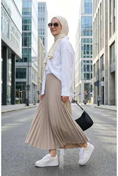 sefamerve Beli Lastikli Piliseli Etek 0213-12 Vizon