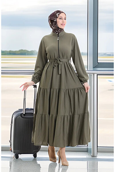 sefamerve Yarım Fermuarlı Büzgülü Elbise 1202-02 Haki