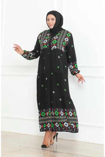 sefamerve Plus Size Patterned Buttoned Viscose Dress 5070-01 Black