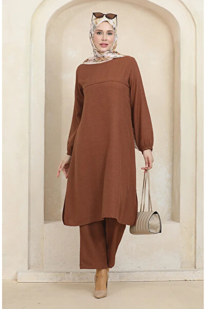 sefamerve 1005-05 Μοντέλο Καφέ Σετ χιτώνα και παντελόνι - Ελαστικά μανίκια