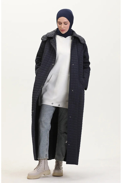 sefamerve معطف مبطن بغطاء للرأس مقاس كبير 6134-02 أزرق داكن