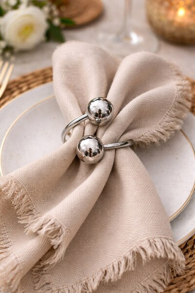 Emtory Home Parlak Gümüş Boncuklu 12 Adet Gümüş Metal Halkalı Peçete Yüzüğü