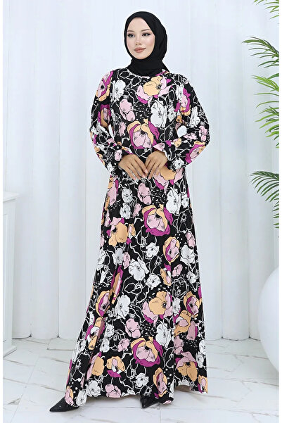 sefamerve Φόρεμα από βαμβακερό χτενισμένο σχέδιο 2135B-01 Μαύρο Μωβ