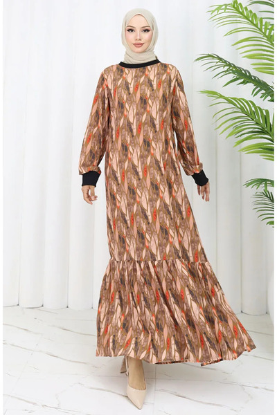 sefamerve Şifon Kumaş Yaprak Desenli Elbise 0054-01 Kahverengi