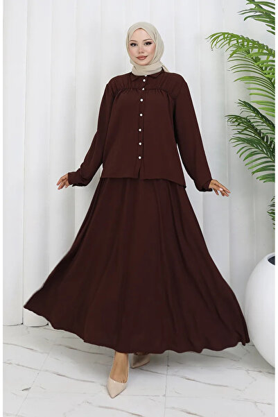 sefamerve Aerobin υφασμάτινο πουκάμισο φούστα διπλό σετ 2082-01 καφέ