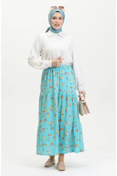 sefamerve Μέντα μπλε φλοράλ μοτίβο μακριά κρεπ φούστα - 8718-01