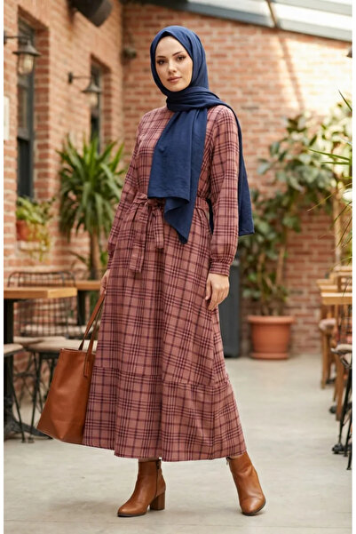 sefamerve Plaid Patterned Belted Hijab Dress 2219-01 Claret Red