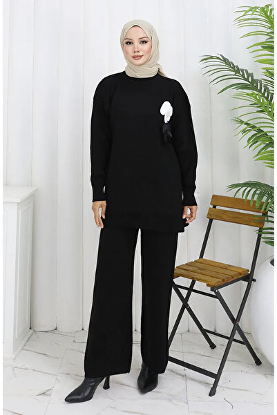 sefamerve Knitted turtleneck tunic and pants two-piece set 1015-01 black