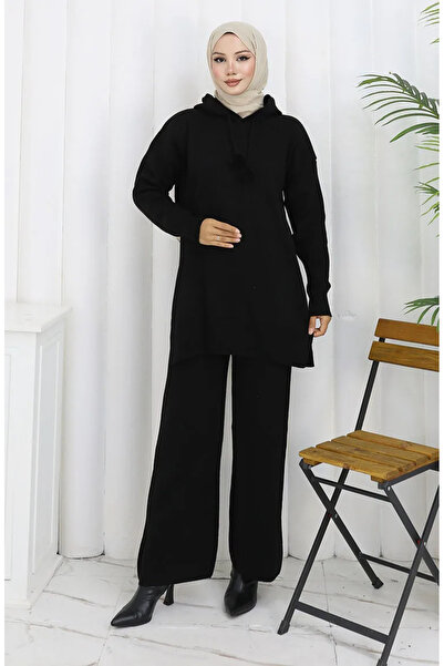 sefamerve طقم تريكو بغطاء رأس بنطلون تونيك مكون من قطعتين 1079-06 أسود