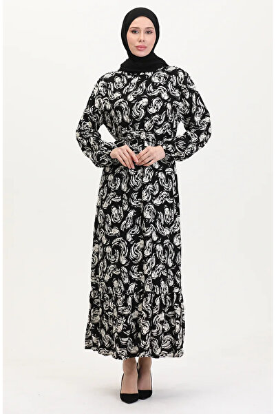 sefamerve Φόρεμα βισκόζης με μοτίβο ζωσμένο 0013-02 Μαύρο Λευκό