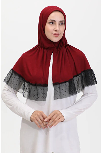sefamerve Tül Detaylı Pratik Şal 1270-02 Bordo