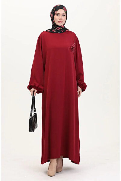 sefamerve Dress 0017-05 Burgundy Brooch Detailed