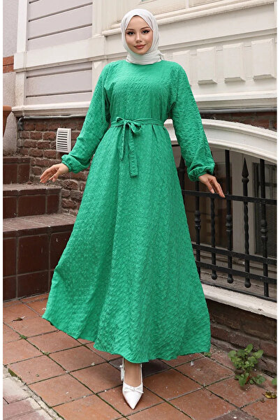 sefamerve فستان من القماش القطني بحزام مطاطي 2020-05 أخضر