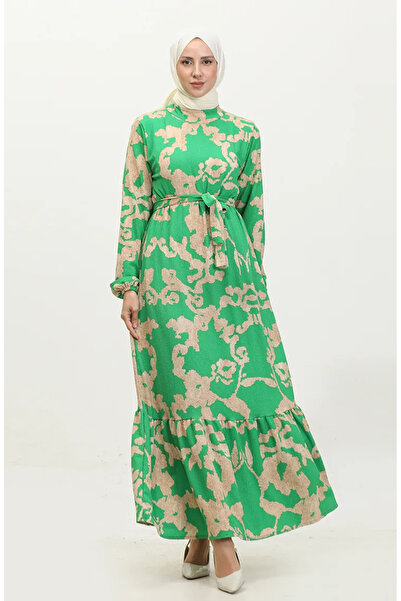 sefamerve Πράσινο μπεζ φόρεμα με ζωσμένο σχέδιο Yezra - 0345-04