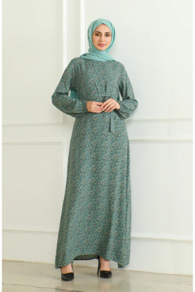 sefamerve Πράσινο φόρεμα βισκόζης με στάμπα και φύλλο 0508-01